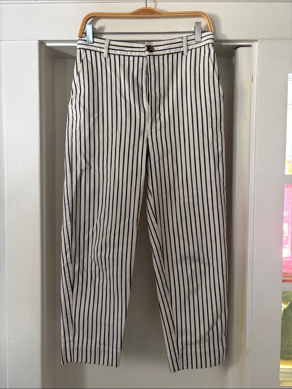 Madewell Cream Denim Pants with Blue Vertical Stripes